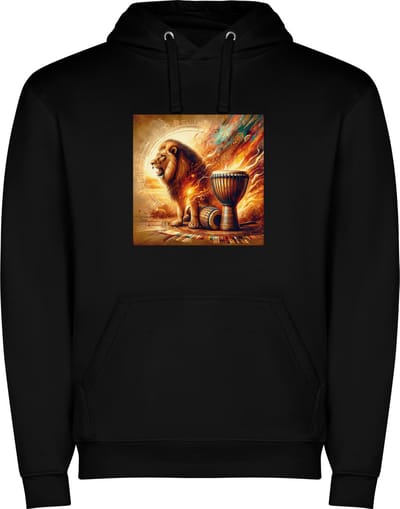 Zwarte unisex hoodie met “ Kleurrijke Bongo drums – Afrikaans – Leeuw – Muziek – Vrolijk “ Print Full Color Color merk Roly maat S