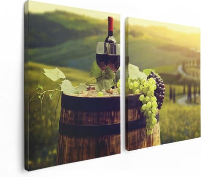 Artaza Canvas Schilderij Tweeluik Wijn met Druiven op een Vat in Toscane - 120x80 - Foto Op Canvas - Canvas Print