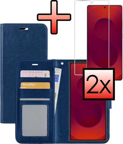 Hoesje - Met 2x Screenprotector - Geschikt voor Samsung Galaxy S25 Ultra - Luxe Pasjeshouder - Bookcase Portemonee - Flip Case - Kunstleer Book Case - Flipcase Hoes - Book Cover - Walletcase - Portemonneehoes - Donkerblauw
