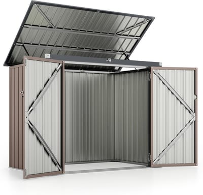 COSTWAY Vuilniscontainerbox voor 2 vuilnisbakken, van verzinkt metaal, afvalhuis met 2 deuren en klapdeksel, afsluitbaar, weerbestendig, tuinbox tuin, 172 x 95,5 x 130 cm (bruin)