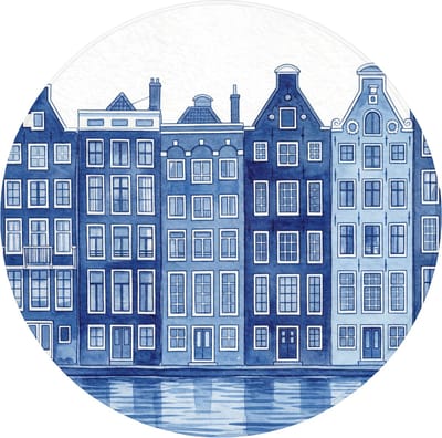 WC mat rond 70x70 cm - Antislip - Aquarel - Grachtenpanden - Delfts - Blauw - Toiletmat - Vloermat - Douchemat - Toilet tapijt - Toiletmatten