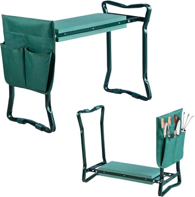 Tuinbank Met Kussen - Opvouwbare Tuinkruk - Groen - Met Schuimkussen & Afneembare Gereedschapstas - 59 x 28 x 49 cm - Draagbare Tuinkniekussens Voor Tuinieren - Draagvermogen Tot 150 kg (Type A) NAIZY