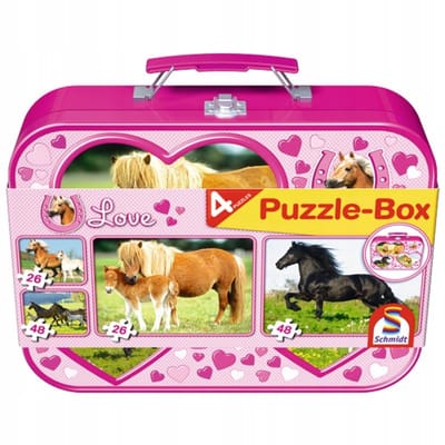 Schmidt - Legpuzzel - Paarden Box - 2x26 en 2x 48 stukjes in metalen koffer - Kinderen - vanaf 4 jaar