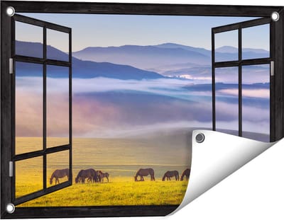 Gards Tuinposter Doorkijk Kudde Wilde Paarden in de Wei bij Heuvels - 60x40 cm - Tuindoek - Tuindecoratie - Wanddecoratie buiten - Tuinschilderij
