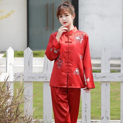Pritning Bloem Chinees Pyjama Slaapset Shirt Broek Opstaande Kraag Nachtkleding 2 Stuks Borduurwerk Zijde Vintage Knoop Slaapkleding M red