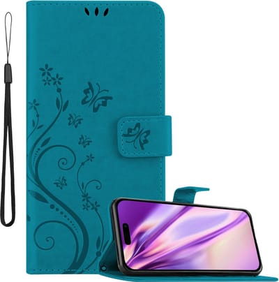 Cadorabo Hoesje geschikt voor Apple iPhone 14 PRO in BLOEMEN BLAUW - Beschermhoes in bloemmotief met magnetische sluiting, standfunctie en kaartsleuven Book Case Cover Etui