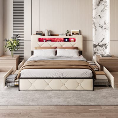Bedframe 160x200 – met Lades & Opbergruimte – LED & USB-C – Fluweel Beige