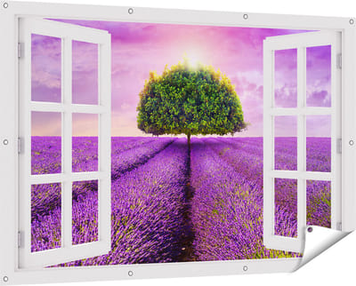 Gards Tuinposter Doorkijk Groene Boom in de Lavendel Bloemen - 150x100 cm - Tuindoek - Tuindecoratie - Wanddecoratie buiten - Tuinschilderij