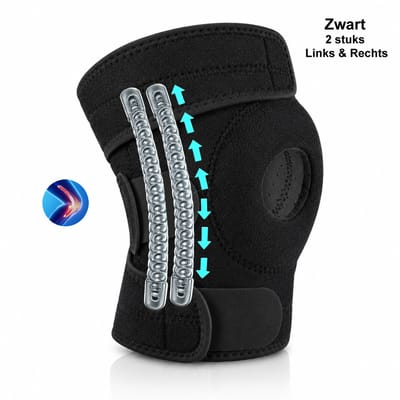 Kniebrace met Zijstabilisatoren – 2 Stuks - Voor Links & Rechts - Verstelbare Ademende Kniebandage – Ondersteuning bij Sport, Meniscus, Patella en Kniepijn - Patellabrace - Patellabandje - Een maat - Zwart