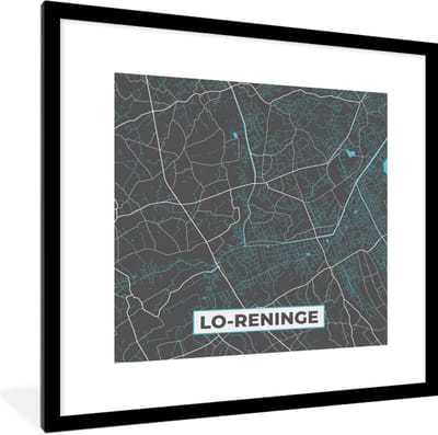 Fotolijst incl. Poster - Kaart – Plattegrond – Stadskaart – Lo Reninge – België - Grijs - 40x40 cm - Posterlijst