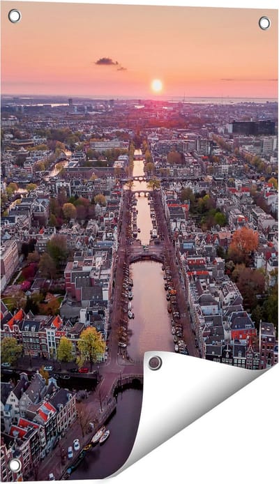 Gards Tuinposter Bovenaanzicht Amsterdam met Zonsondergang - 40x60 cm - Tuindoek - Tuindecoratie - Wanddecoratie buiten - Tuinschilderij