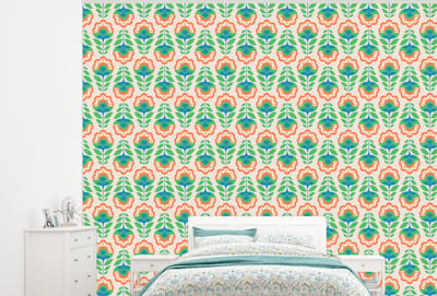 Behang - Fotobehang Retro - Bloemen - Design - Groen - Oranje - Breedte 300 cm x hoogte 240 cm