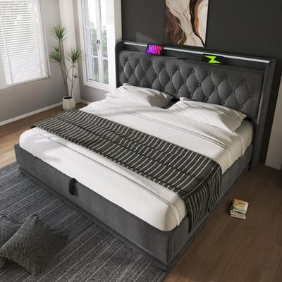 DESMIU Gestoffeerd Bed 160x200 cm Met Matras – Opbergbed Met Hydraulisch Mechanisme En Hoofdbord Met Oplaadfunctie – Voor Slaapkamer – Linnen – Grijs