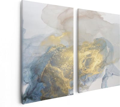 Artaza Canvas Schilderij Tweeluik Abstracte Kunst van Grijze Gouden Marmer - 80x60 - Foto Op Canvas - Canvas Print