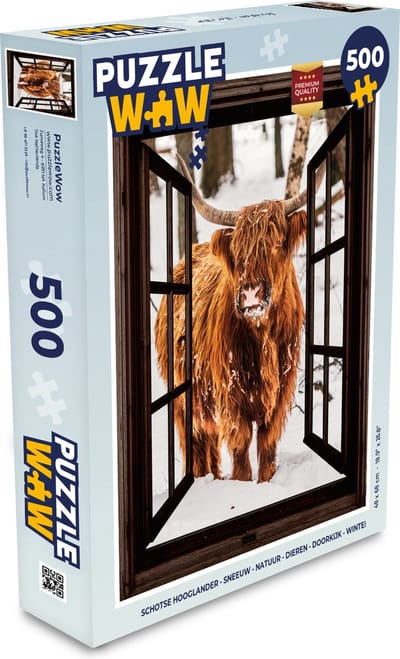 Puzzel Schotse Hooglander - Sneeuw - Natuur - Dieren - Doorkijk - Winter - Legpuzzel - Puzzel 500 stukjes