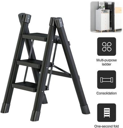 Cellista Opvouwbare Huishoudtrap 3 Treden - Aluminium Huishoudladder - Antislip Opstapladder - Opvouwbare Trapladder - 120 kg - Zwart
