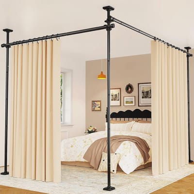 HOMESY Ruimteverdeler zonder boren, vrijstaande gordijnroede, hoogte (122-305 cm), breedte (70-177 cm), verstelbaar, stabiele roestvrijstalen scheidingswand voor elke kamer, zwart