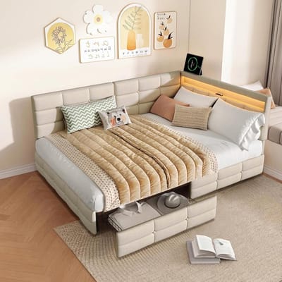 Gestoffeerd Tweepersoonsbed - Bankbed Dagbed - Moderne Slaapkamer - Met Led en USB - 140 x 200 cm - Linnen Grijs