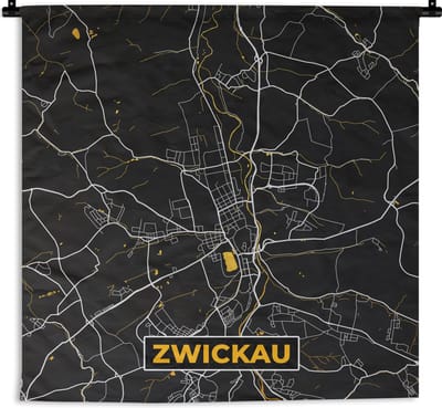 Wandkleed - Wanddoek - Zwickau - Stadskaart - Plattegrond - Kaart - Duitsland - Goud - 180x180 cm - Wandtapijt
