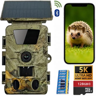 Wildcamera met Wifi App en Zonnepaneel – 5K 60MP – Nachtzicht – No Glow – 64GB SD Kaart – Oplaadbaar – Voor Buiten