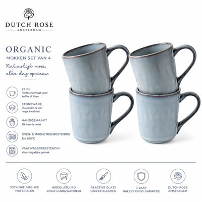 Dutch Rose Organic Mok - Mokken 25 cl. set van 4- Theemok - Koffiemok Mokken - Stoneware handgemaakt - Blauw