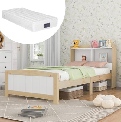 MEUNIQ eenpersoonsbed 90 x 200 cm met hoofdbord met opbergvakken, lattenbodem en matras, houten bedframe voor kinderkamer of jeugdkamer, wit