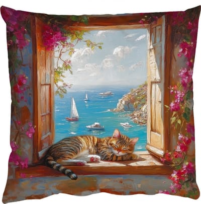 Sierkussens - Kussentjes Woonkamer - 50x50 cm - Kat - Blauwe zee - Roze bloemen