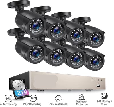 Beveiligingscamerasysteem - CCTV Camerasysteem - 265+ 5MP Lite DVR - 8-Kanaals - Openlucht- IP66 Waterdichte - Bewakingscamera - Beveiligingscamera - 1080p Camera – Nachtzicht – Complete Video Surveillance Kit - 1TB Harde Schijf - 8 Stuks - Zwart