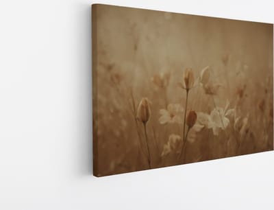 Saammp Canvas Schilderij - Vintage - Witte Bloemen - Beige - Abstract - 30x20 - Foto op canvas - Wanddecoratie - Muurdecoratie Woonkamer - Kantoor Decoratie