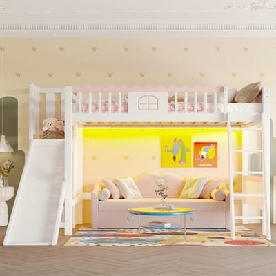 VVBV Hoogslaper 90x200 cm - LED-Verlichting, Glijbaan, EN747, Voor Kinderen/Tieners - Massief Hout Wit - Zonder Matras