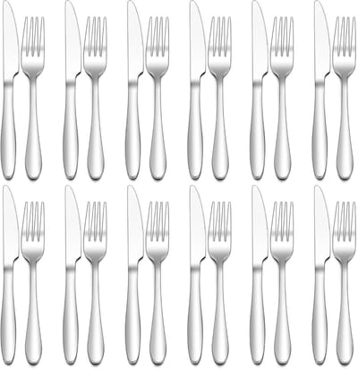24-delig RVS Steak Bestekset voor 12 Personen, Hoogglans Gepolijst, Inclusief 12 Tafelmessen (23 cm) en 12 Vorken (20 cm) voor Thuis en Restaurantgebruik