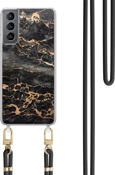 Casimoda® hoesje met koord - Geschikt voor Samsung S21 - Marmer Grijs Brons - Afneembaar koord - TPU/polycarbonaat - Zwart