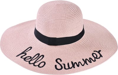 Decopatent - Zonnehoed Dames - Hello Summer - Zomerhoed - Strohoed UV - Strandhoed Hoofddeksel met Brede rand - Hoed voor Volwassenen - Kleur: Licht Roze
