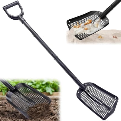 zeefschop met 59-118 cm verstelbare handgreep, tuinzeef, aluminiumlegering, zandschop, strandschep, scooper, tuin voor schattenjacht, kippenstallen, zeven van grind