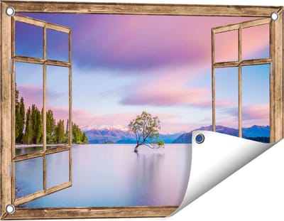 Gards Tuinposter Doorkijk Wanaka Boom in het Water bij Zonsopgang - 60x40 cm - Tuindoek - Tuindecoratie - Wanddecoratie buiten - Tuinschilderij