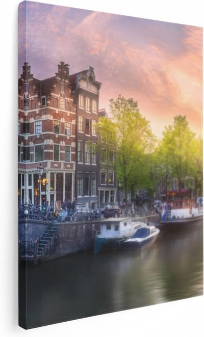Artaza Canvas Schilderij Amsterdamse Grachten - 30x40 cm - Klein - Wanddecoratie Woonkamer - Muurdecoratie Boot - Kamer Accessoires Zonsondergang