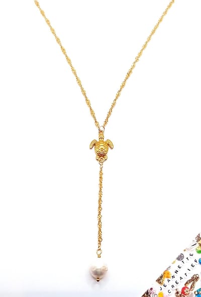 Jeannette-Creatief® - Dames Y-Ketting / Lariat Ketting met Zoetwaterparel en Schildpad hanger – 58 cm - Schildpad ketting