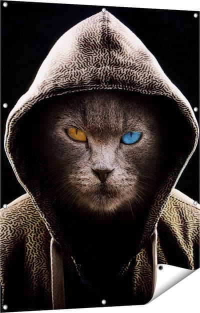 Gards Tuinposter Boze Kat Draagt een Hoodie - 90x120 cm - Tuindoek - Tuindecoratie - Wanddecoratie buiten - Tuinschilderij