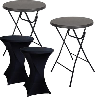 BRASQ Statafel Zwart – Ø80 x 110 cm – Set van 2 – Staantafel – Partytafel – Bartafel – Inclusief 2x Zwarte Statafelrok – Voor Binnen en Buiten – Vouwtafel – Inklapbaar – Kunststof en Metaal