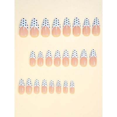 24 pièces Faux Ongles Forme Amande Moyenne Élégants Vintage Blanc Style Français à Presser Ongles Artificiels Motif à Pois Contrastants Noir Blanc beige