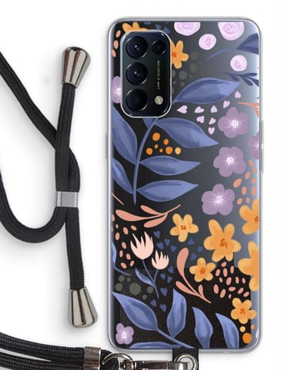 Case Company® - Hoesje met koord geschikt voor Oppo Find X3 Lite hoesje met Koord - Flowers with blue leaves - Telefoonhoesje met Zwart Koord - Bescherming aan alle Kanten en Over de Schermrand