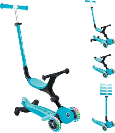 Meegroeistep - Globber Go Up Active Lights Aqua 360 - blauw - lichtgevende wielen - met duwstang - in hoogte verstelbaar - vanaf 15 maanden tot 9 jaar