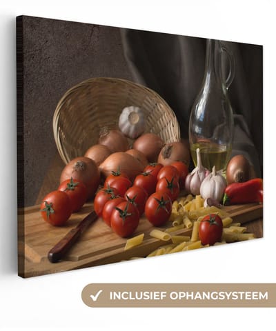 Canvas schilderij 40x30 cm - Wanddecoratie Snijplank - Groente - Stilleven - Pasta - Uit - Tomaat - Snijplank - Muurdecoratie woonkamer - Slaapkamer decoratie - Kamer accessoires - Schilderijen op canvas