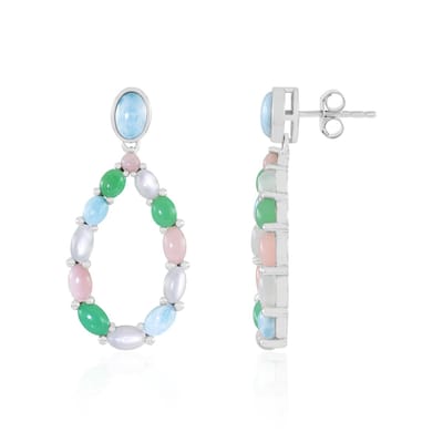 Cavill - 925 Sterling Zilver Oorbellen - Gerhodineerd - Larimar Ovaal Cabochon 1,89 ct & Witte Maansteen 2,25 ct - Elegant Design Edelsteen Sieraad