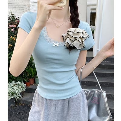 T-shirt en dentelle dentelle style ballet pur et tendre pour l'été des femmes nouveau rétro manches courtes coton chemise de base haut XL gray