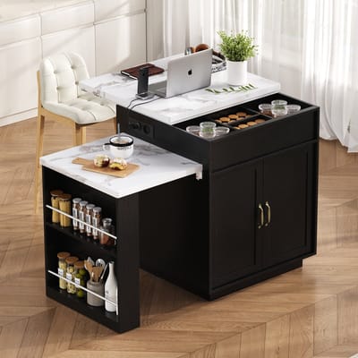 Keukeneiland op wielen - uitschuifbare eettafel met LED-verlichting - keukentafel met stopcontact - buffetkast - dressoir - zwart