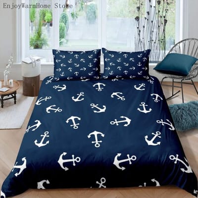 Blue Anchor Beddengoedset Zeilen Bedlinnen Huisdecoratie Eenpersoons Tweepersoons Twin Volledige Maat Voor Jongens Volwassenen Kompas Streep Dekbedovertrekset cot size70x133cm2pc