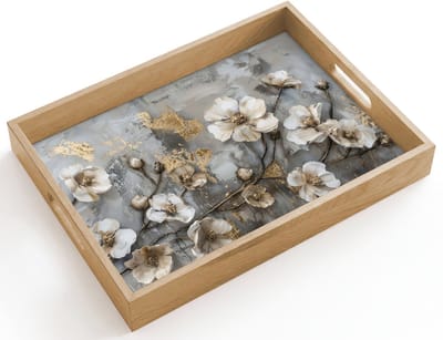 Dienblad hout 40x30 cm - Schootdienblad - Bloemen - Wit - Grijs - Goud - Luxe - Borrelplank rechthoek - Plateau dienbladen
