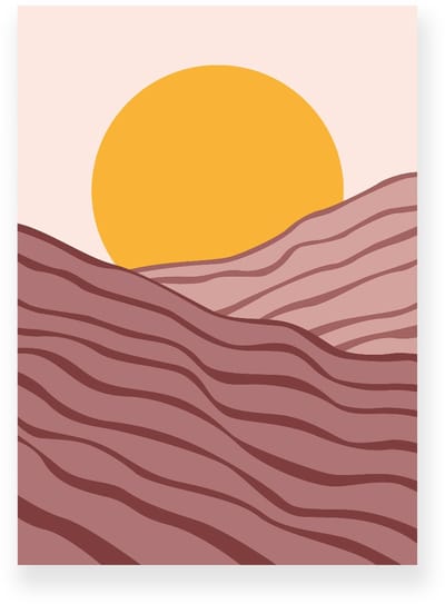 Poster 20x30 cm - Zonsondergang - Gelaagde Heuvels - Geel - Roze - Minimalistisch - Landschap - Muurdecoratie - Wanddecoratie