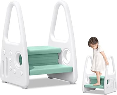 Kinderen Stapstoel met 2 Treden - Leren Toren met Antislip voor Kinderkamer, Keuken, Badkamer (Groen)